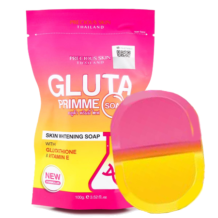 Precious Skin Thailand Gluta Primme Soap 100 g   สบู่ผิวใสบอกลาผิวหมองคล้ำ อุดมไปด้วยวิตามิน และกรด AHA จากธรรมชาติและสาร Antioxidant ช่วยกระตุ้นการสร้างเซลล์ผิวใหม่ ให้ความยืดหยุ่นของผิวหนังในชั้นผิวหนังแท้ดีขึ้น ให้ผิวขาวกระจ่างใส เนียนนุ่มน่าสัมผัสตั้งแต่ครั้งแรกที่ใช้